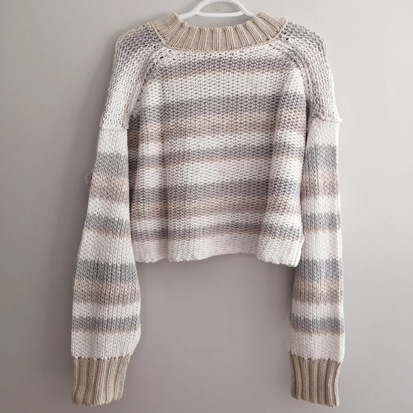 Free People Devon Open Knit Crewneck Cropped Sweater Neutral Stripes Medium - Picture 4 of 14